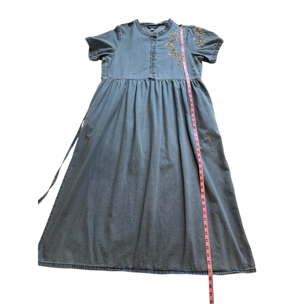 April Cornell Floral Embroidered Denim Midi Dress Cottagecore Light Wash Size L - Picture 13 of 14